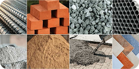 Bricks, cement bags and construction materials stacked neatly on wooden pallets